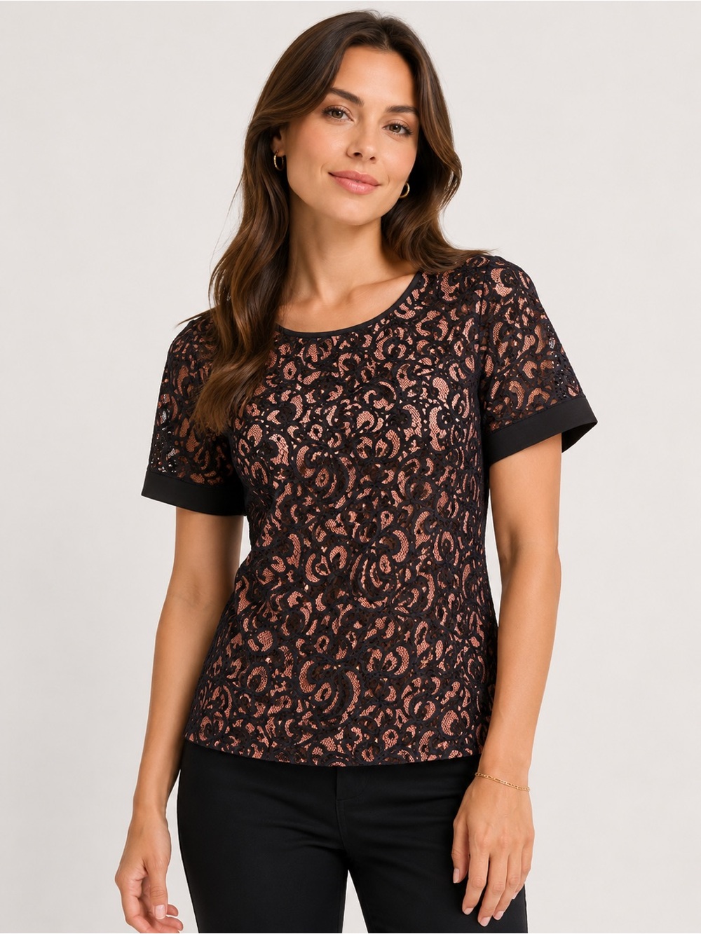 Express Black Lace Overlay Top with Blush Nude Lining–Feminine Career Chic Small